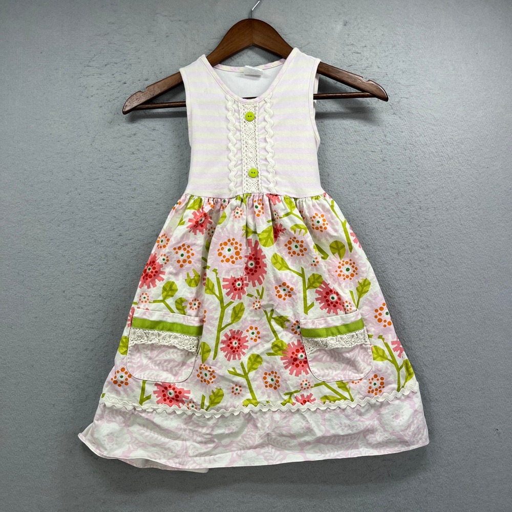 Peaches & Cream Dress Girls 6 Pink Floral Sleeveless Pockets Lace Trim Casual
